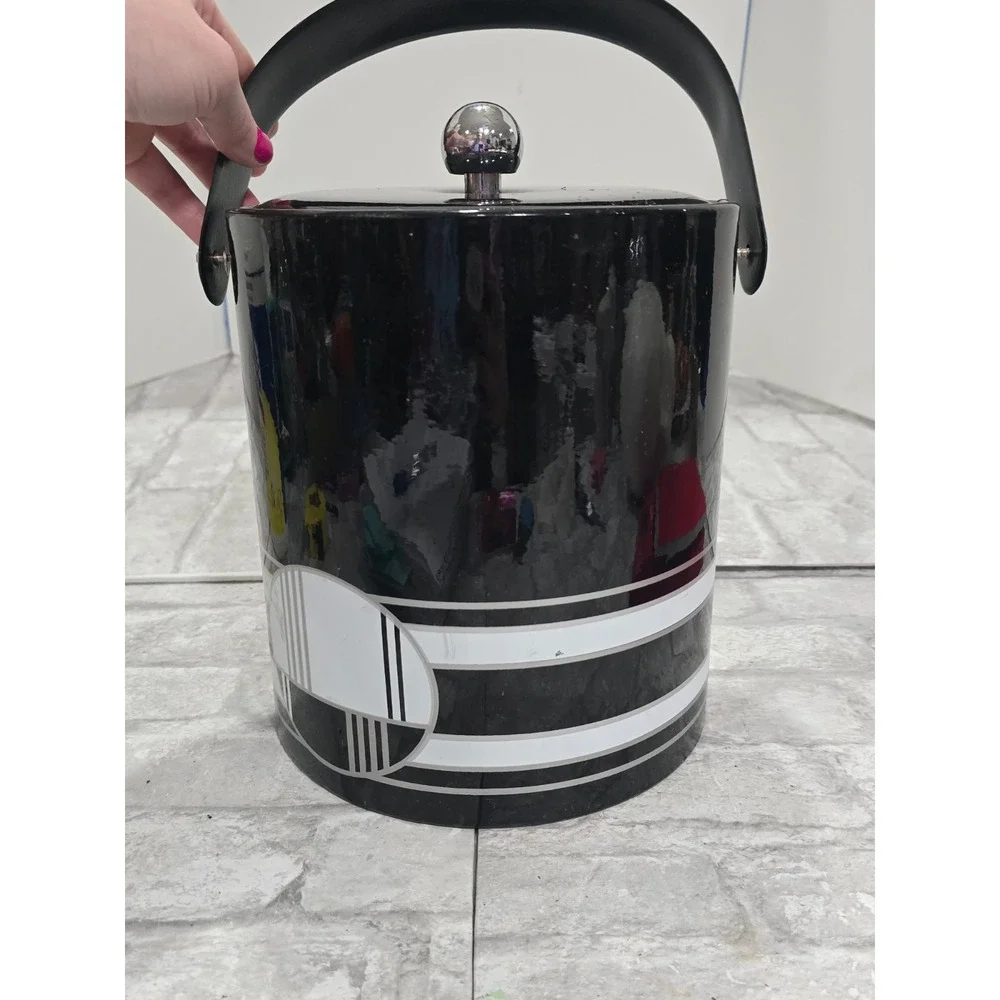 Georges Briard True Vtg Black White Art Deco Vinyl Ice Bucket Geometric Abstract